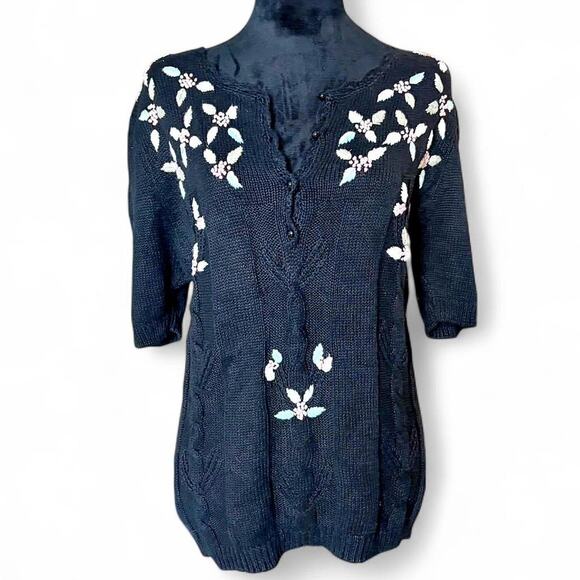 Shenanigans vintage black floral embroidered knit top M - Picture 1 of 8